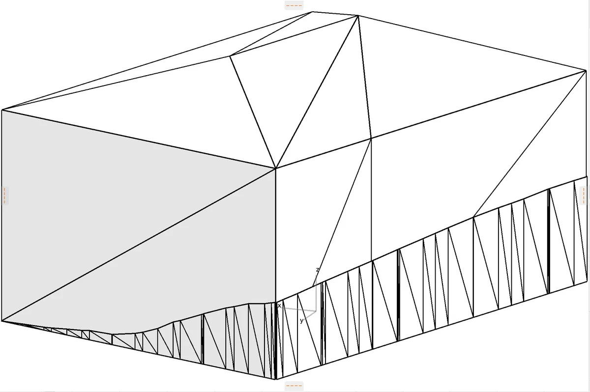Bildschirmabzug aus ArchiCAD: das gelieferte Gebäudemodell als Weißmodell mit Schatten, schräg von der Talseite gesehen. Am Fuß der Wand läuft ein gezacktes Band um das Haus — die erdberührte Wandfläche, die mit der Datei kommt.