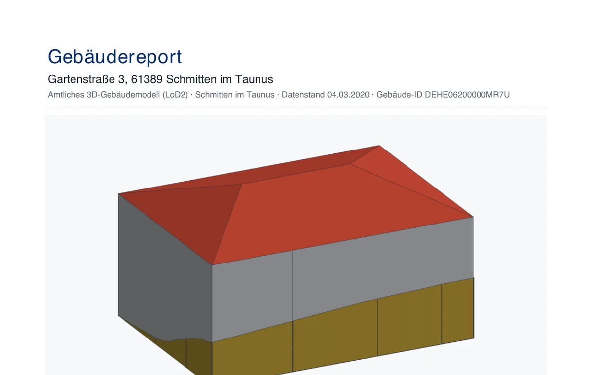Oberer Ausschnitt der ersten Seite des PDF-Gebäudereports: Kopfzeile, Adresse, Datenstand und der obere Teil einer 3D-Ansicht des Gebäudes, in der die erdberührte Wandfläche abgesetzt dargestellt ist.